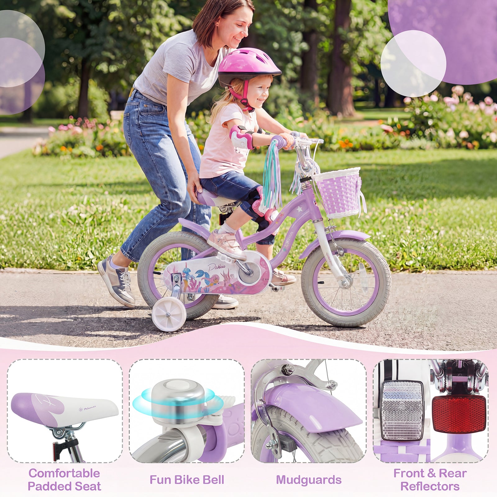 12 Inch Kids Bike Adjustable with Basket and Streamers Purple - Princess of the Sea Theme