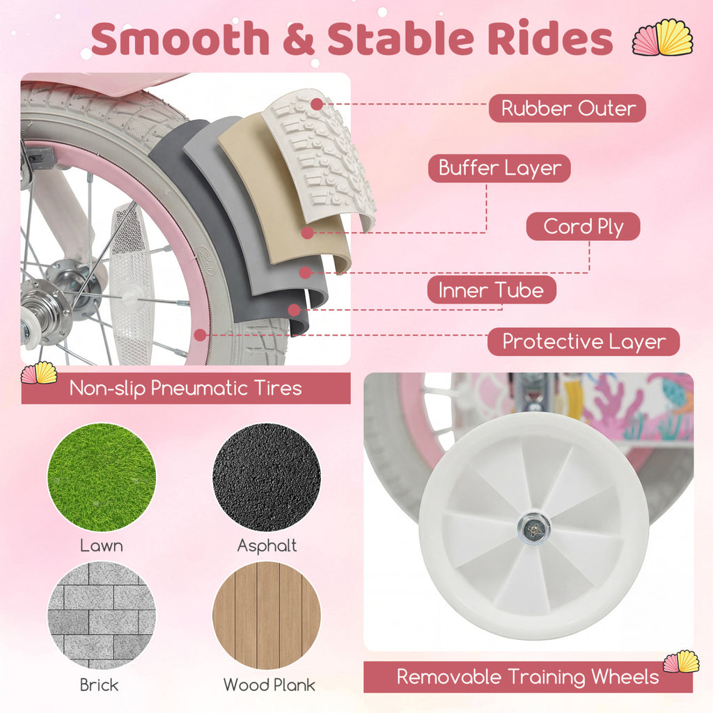 12 Inch Kids Bike Adjustable with Basket and Streamers for Girls Aged 3-4 Years Old Pink