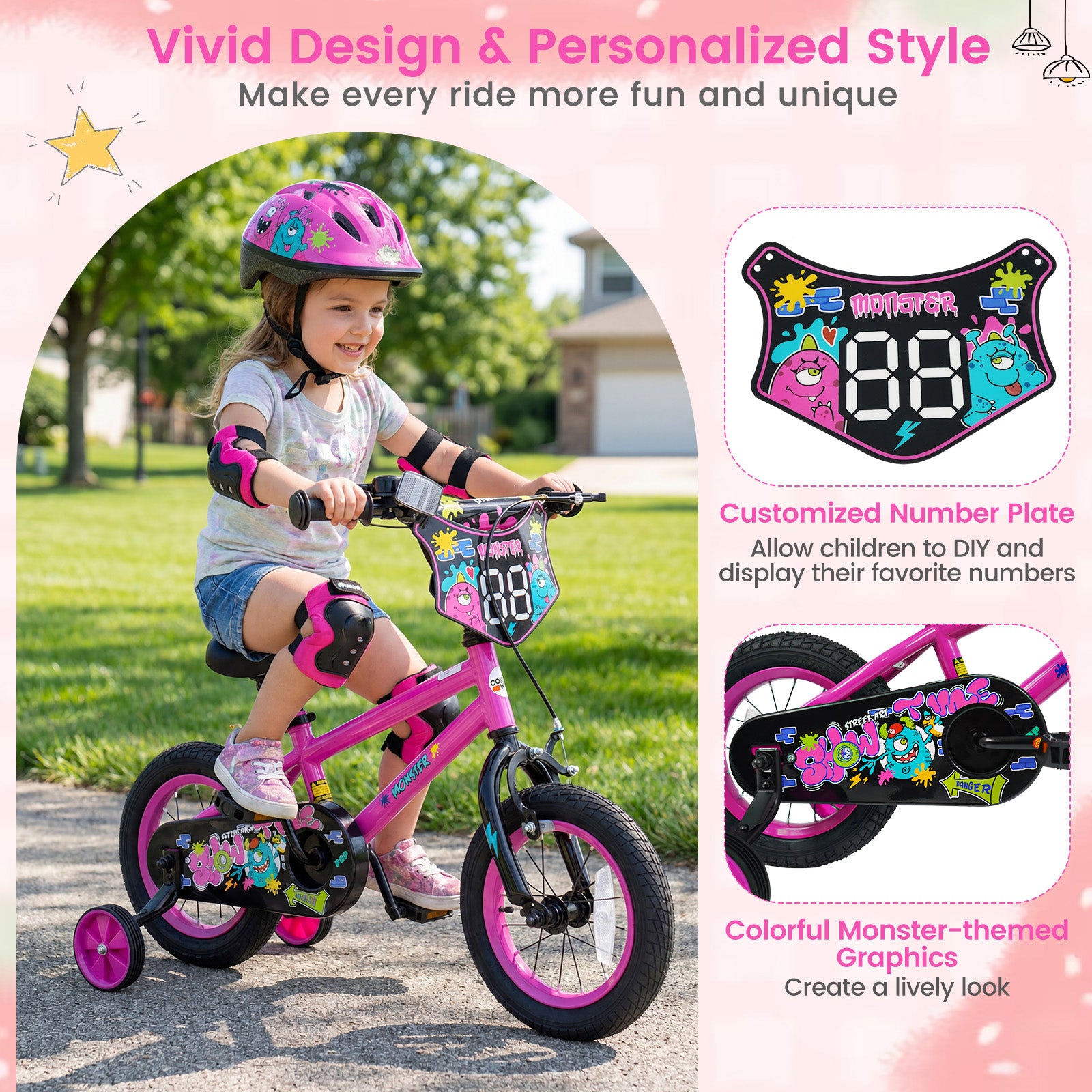 12 Inch Kids Bike with Training Wheels for Ages 3-4 Years Old Pink- Street Art Time