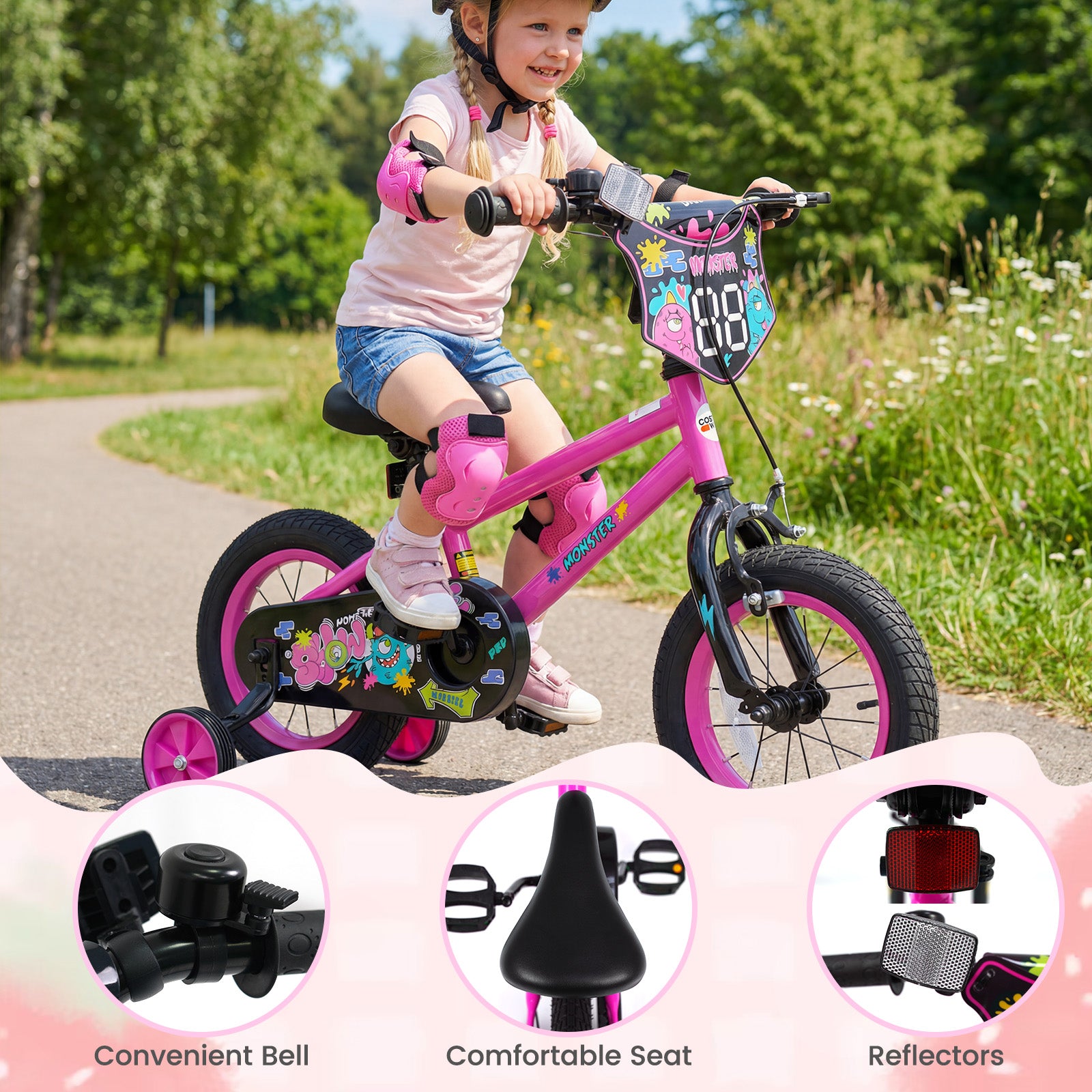 12 Inch Kids Bike with Training Wheels for Ages 3-4 Years Old Pink- Street Art Time