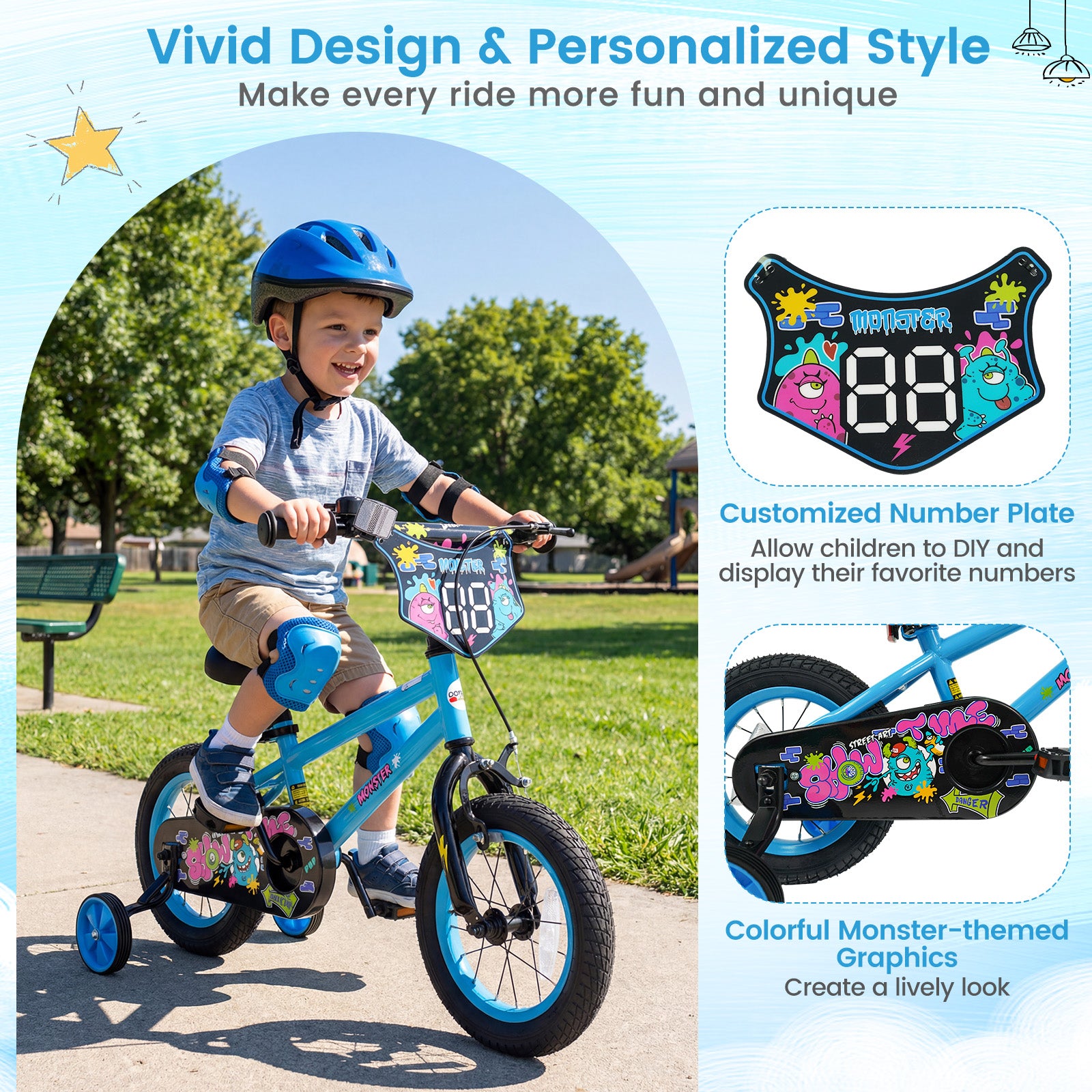 12 Inch Kids Bike with Training Wheels for Ages 3-8 Years Old Blue- Street Art Time