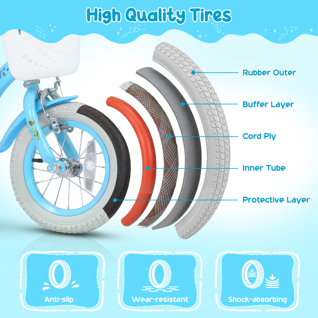 12 Inches Girls Bike for 3-4 Years Old with Training Wheels and Basket - Spring Party  Blue