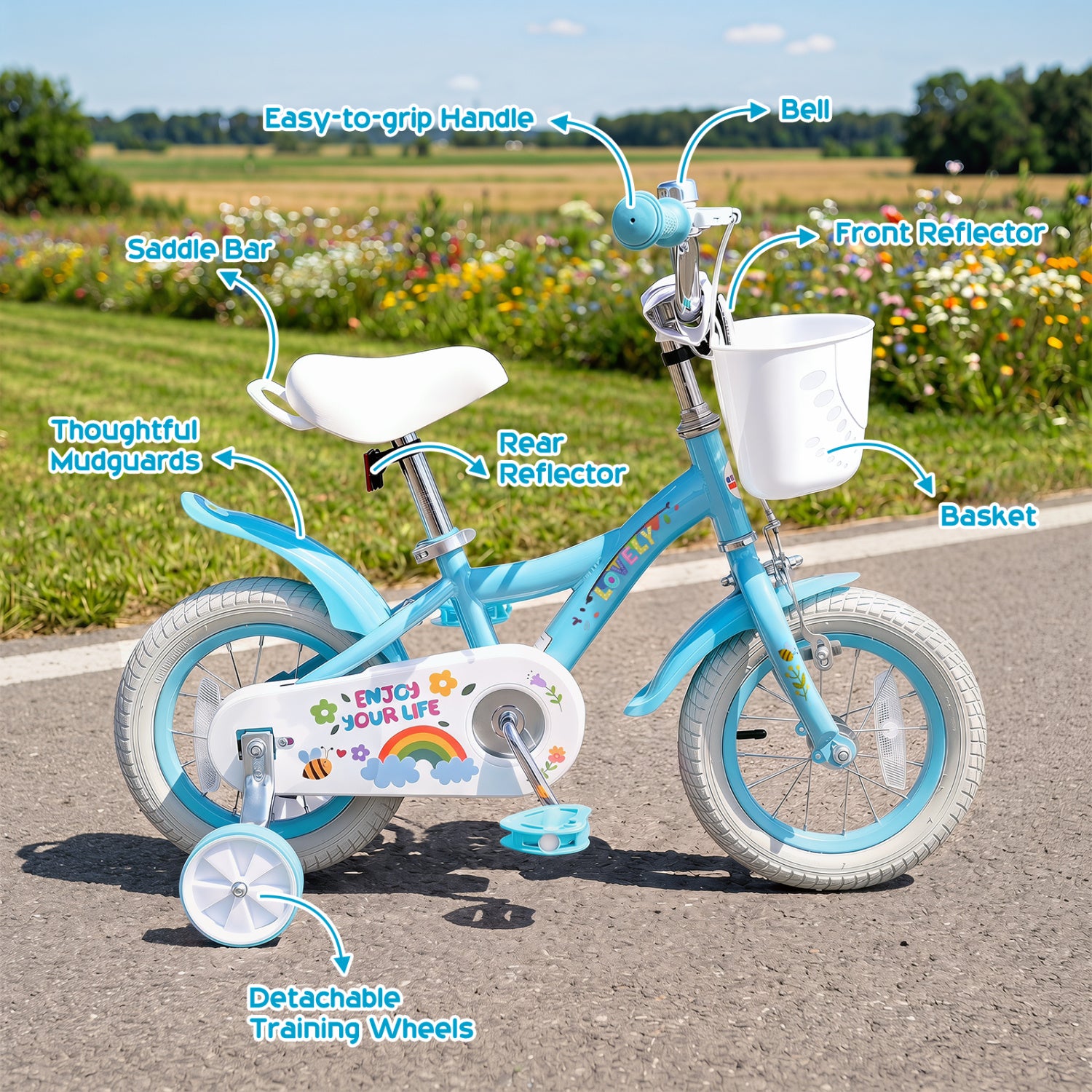 12 Inches Girls Bike for 3-4 Years Old with Training Wheels and Basket - Spring Party  Blue