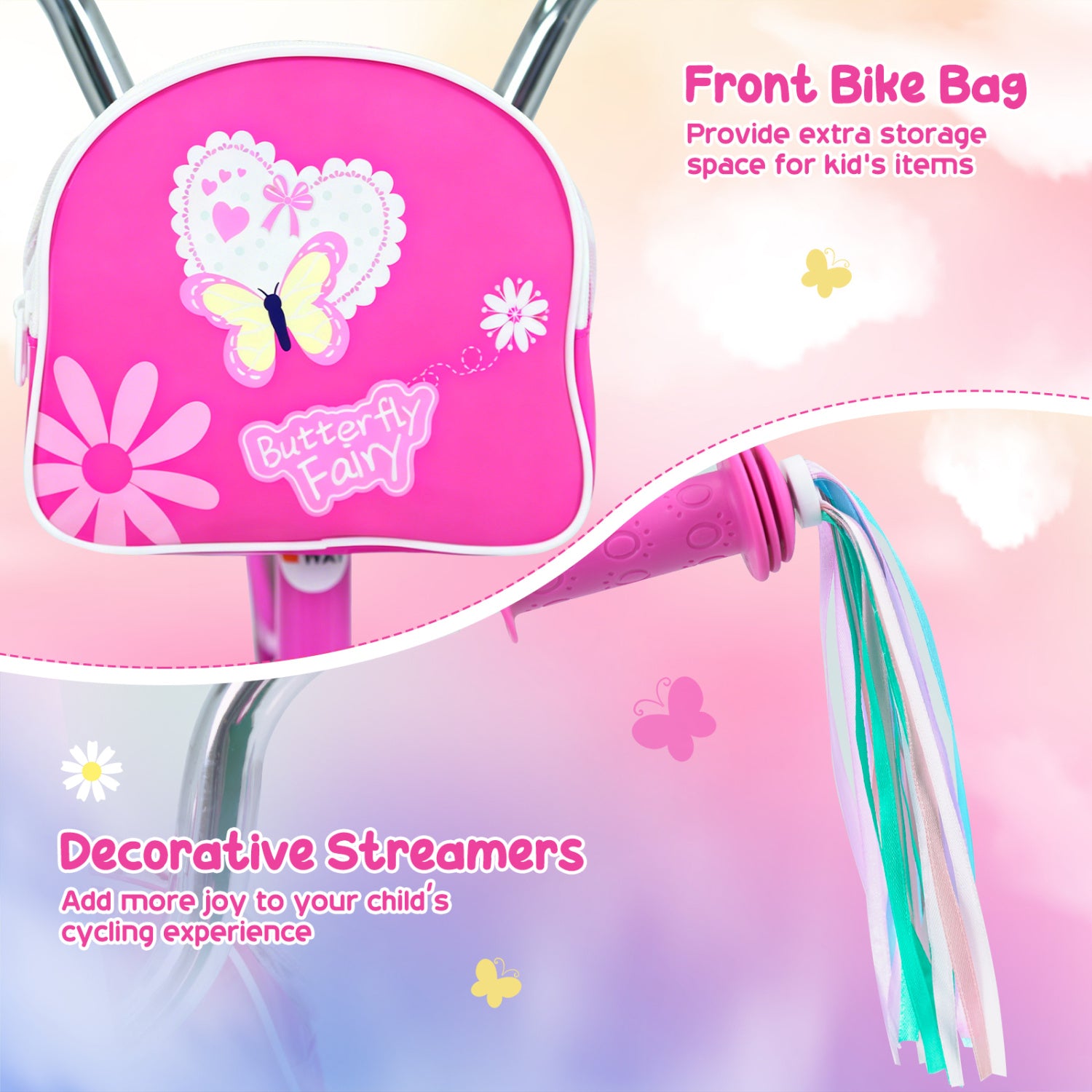 12 Inches Girls Bike with Front Bag and Streamers for 3-4 Years Pink