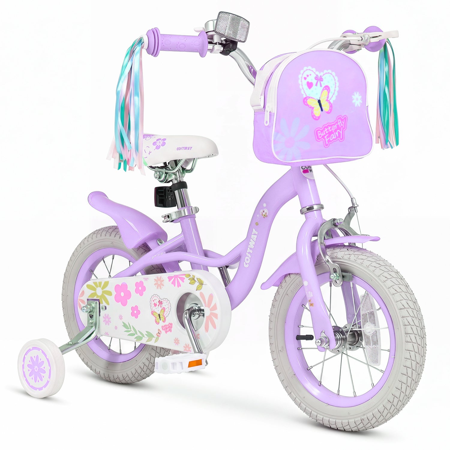 12 Inches Girls Bike with Front Bag and Streamers for 3-4 Years Purple