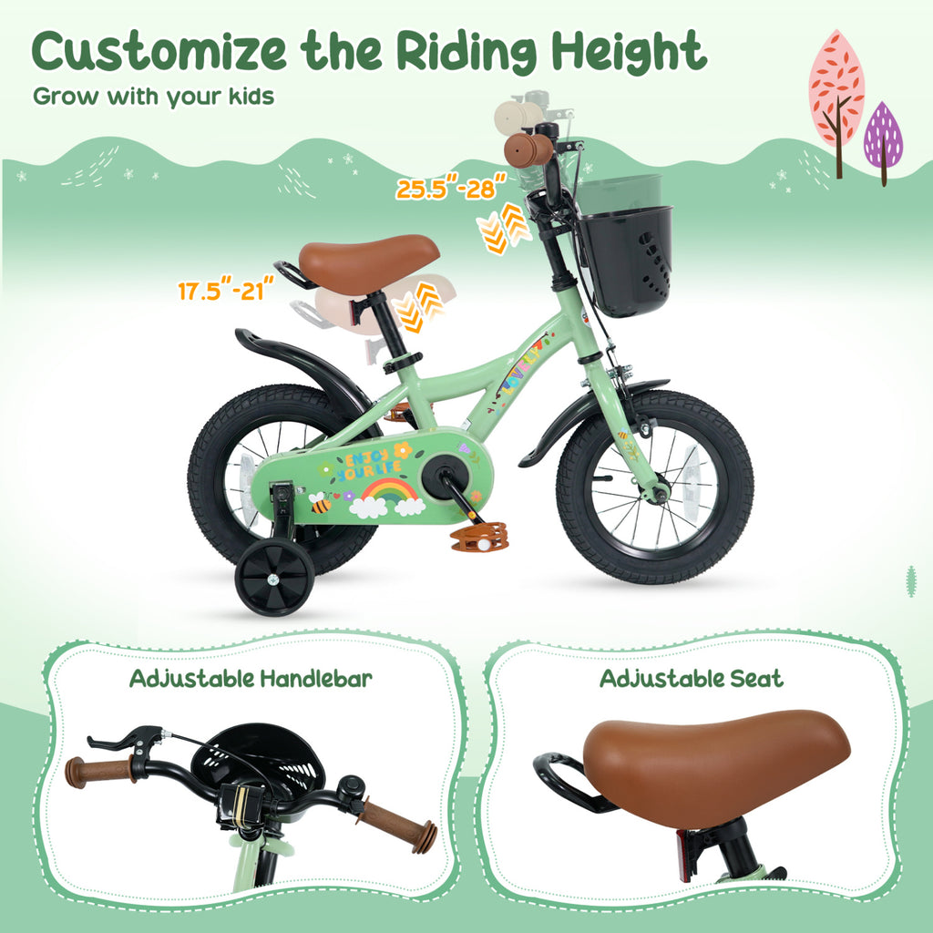 12 Inches Girls Bike for 3-8 Years Old with Basket - Spring Party  Green