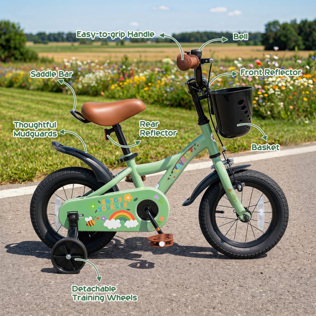 12 Inches Girls Bike for 3-8 Years Old with Basket - Spring Party  Green