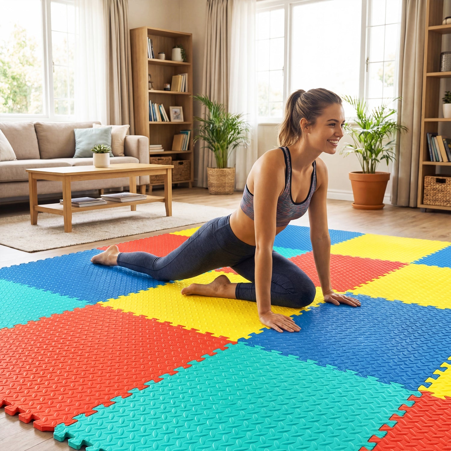 12 Pieces Puzzle Interlocking Flooring Mat with Anti-slip and Waterproof Surface-Multicolor