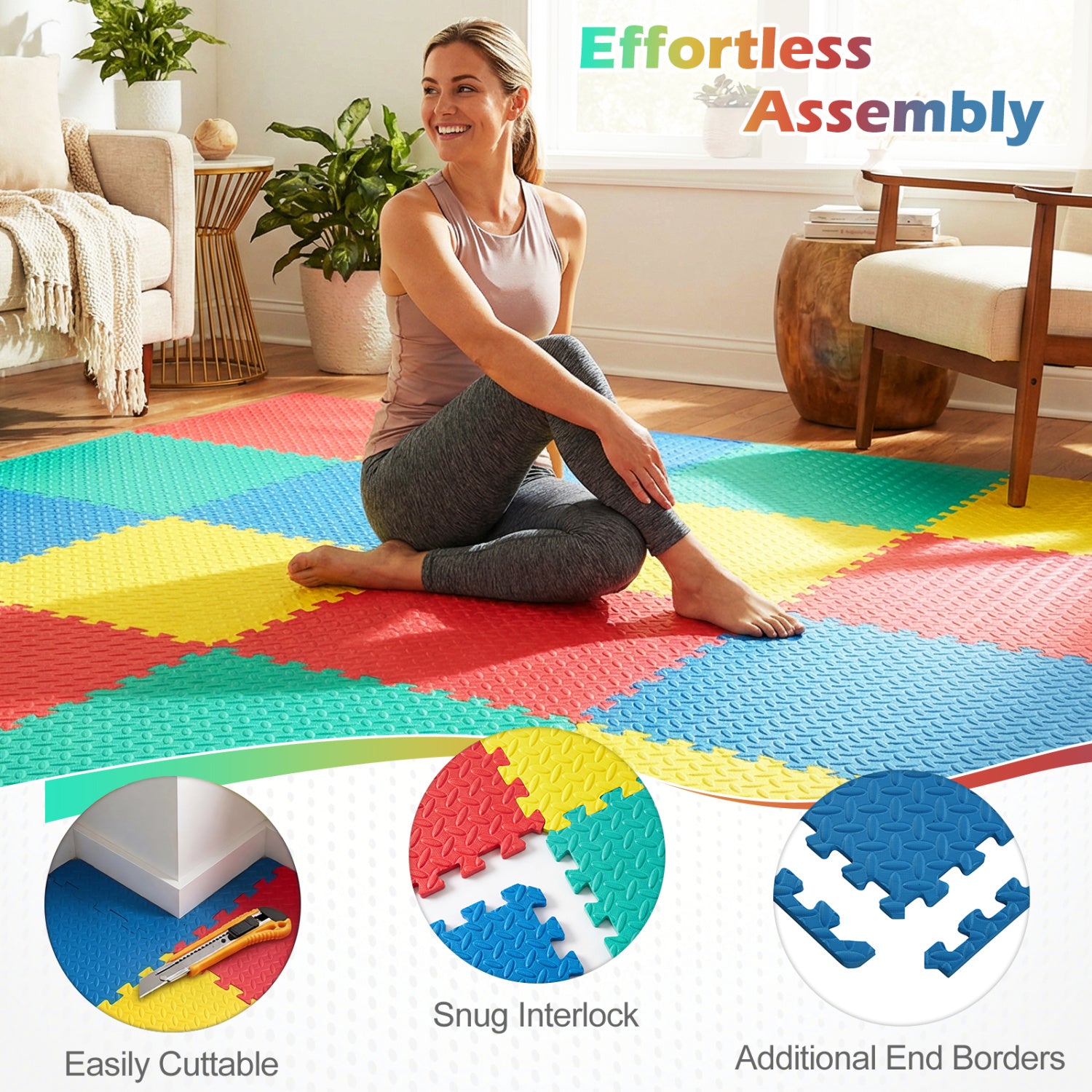 12 Pieces Puzzle Interlocking Flooring Mat with Anti-slip and Waterproof Surface-Multicolor