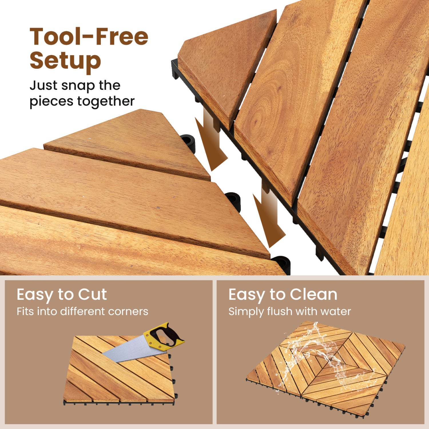 12 x 12 Inch 24 Pieces Acacia Wood Interlocking Deck Tiles with Waterproof Design-Natural