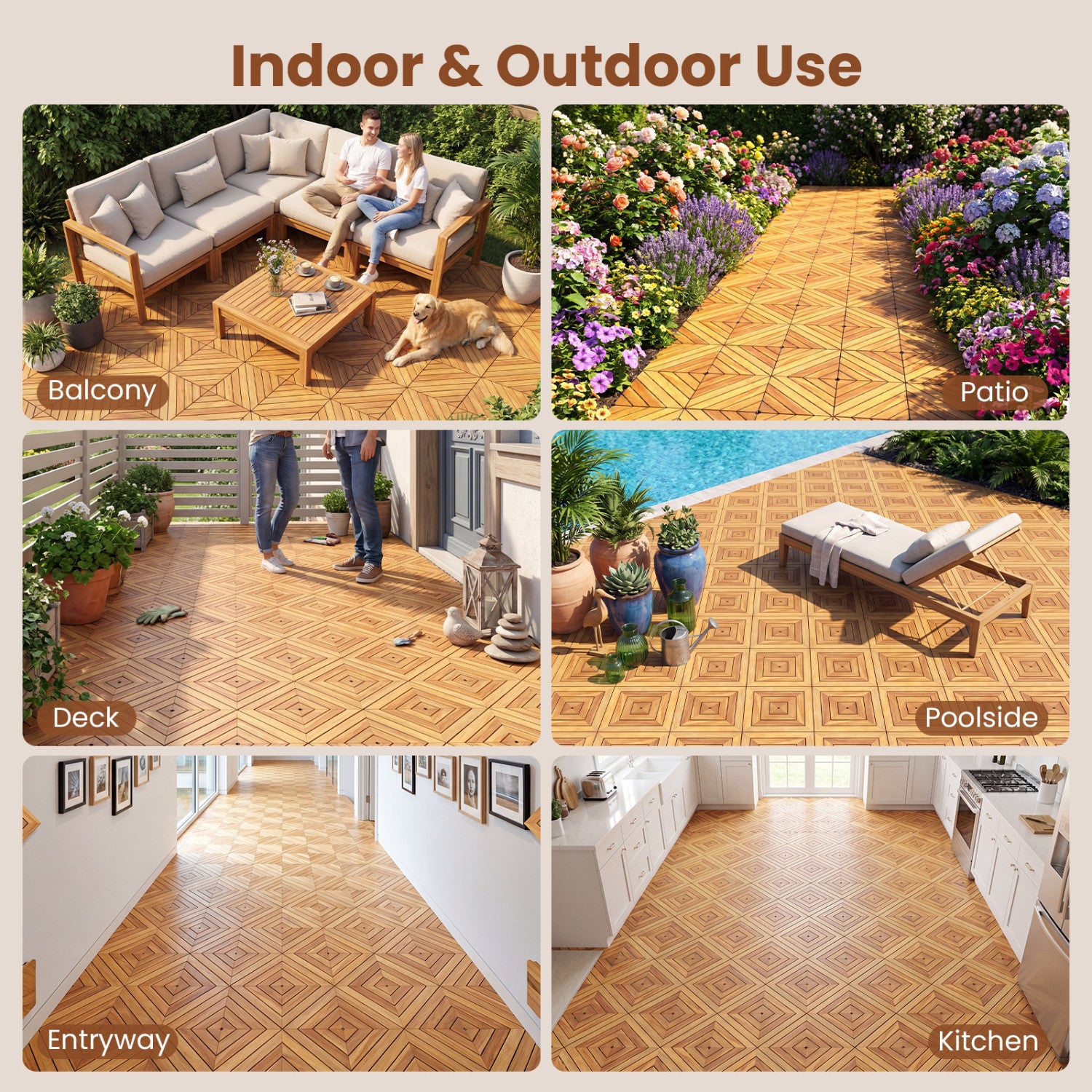 12 x 12 Inch 24 Pieces Acacia Wood Interlocking Deck Tiles with Waterproof Design-Natural