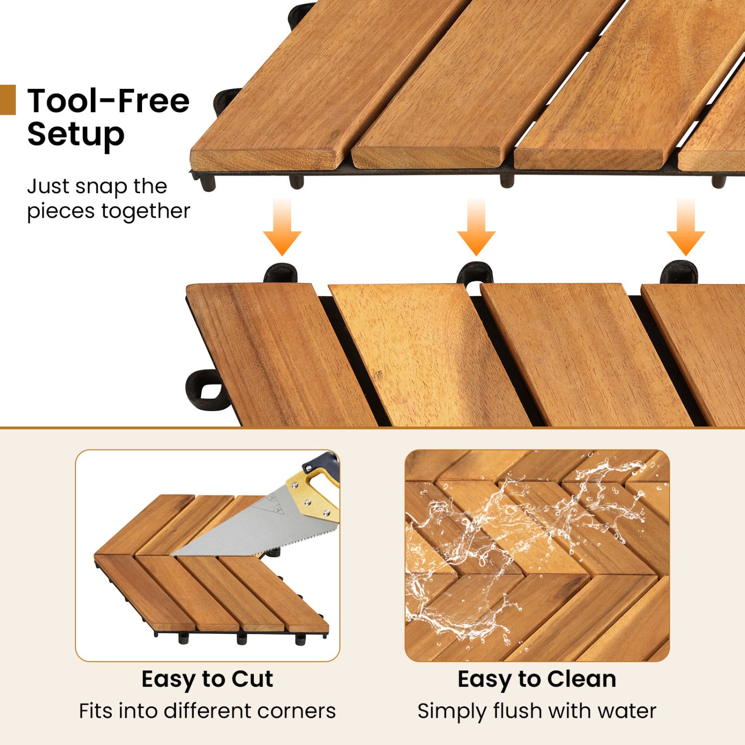 12 x 12 Inch 30 Pieces Acacia Wood Interlocking Deck Tiles- Natural