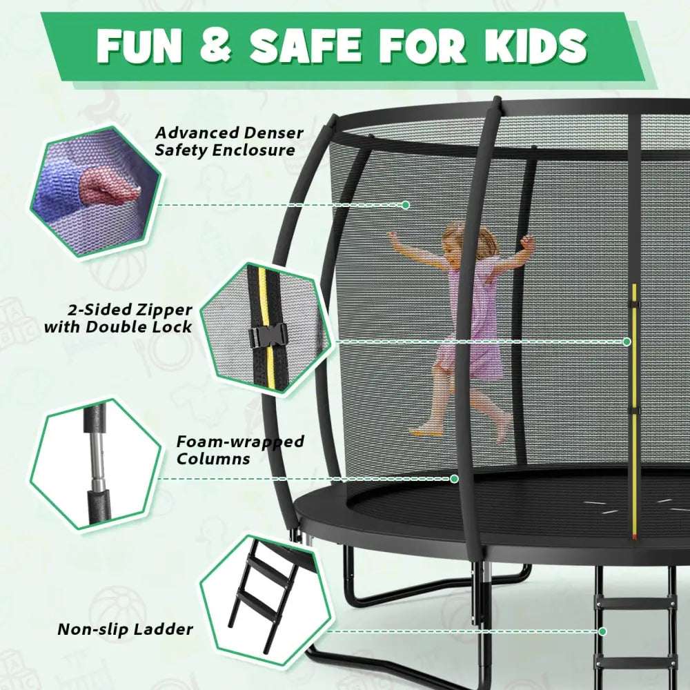 12FT ASTM Approved Recreational Trampoline with Ladder-Black - Black - Trampolines