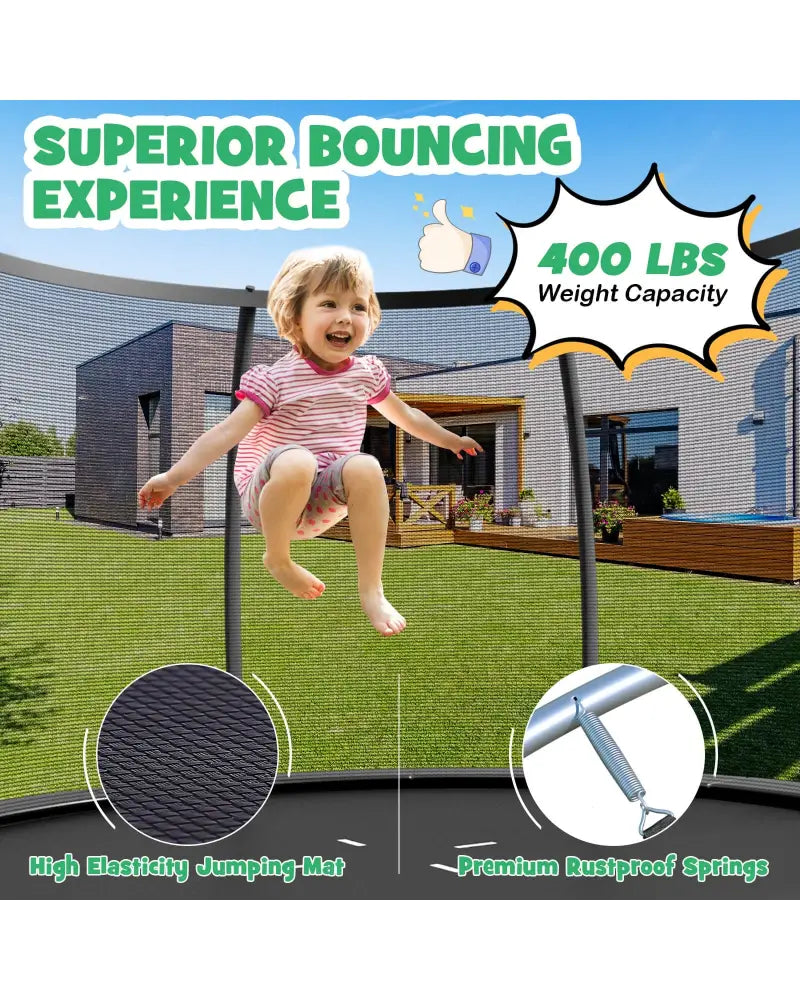 12FT ASTM Approved Recreational Trampoline with Ladder-Black - Black - Trampolines