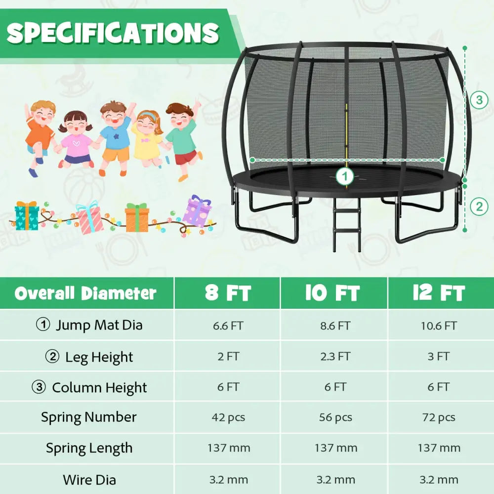 12FT ASTM Approved Recreational Trampoline with Ladder-Black - Black - Trampolines
