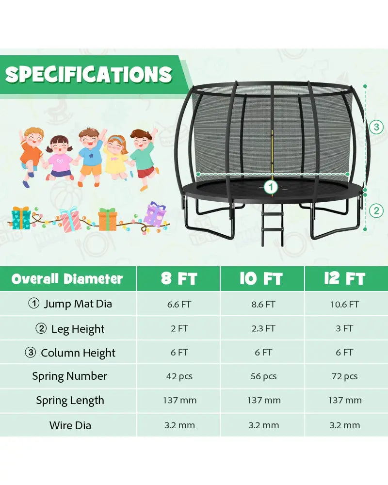 12FT ASTM Approved Recreational Trampoline with Ladder-Black - Black - Trampolines