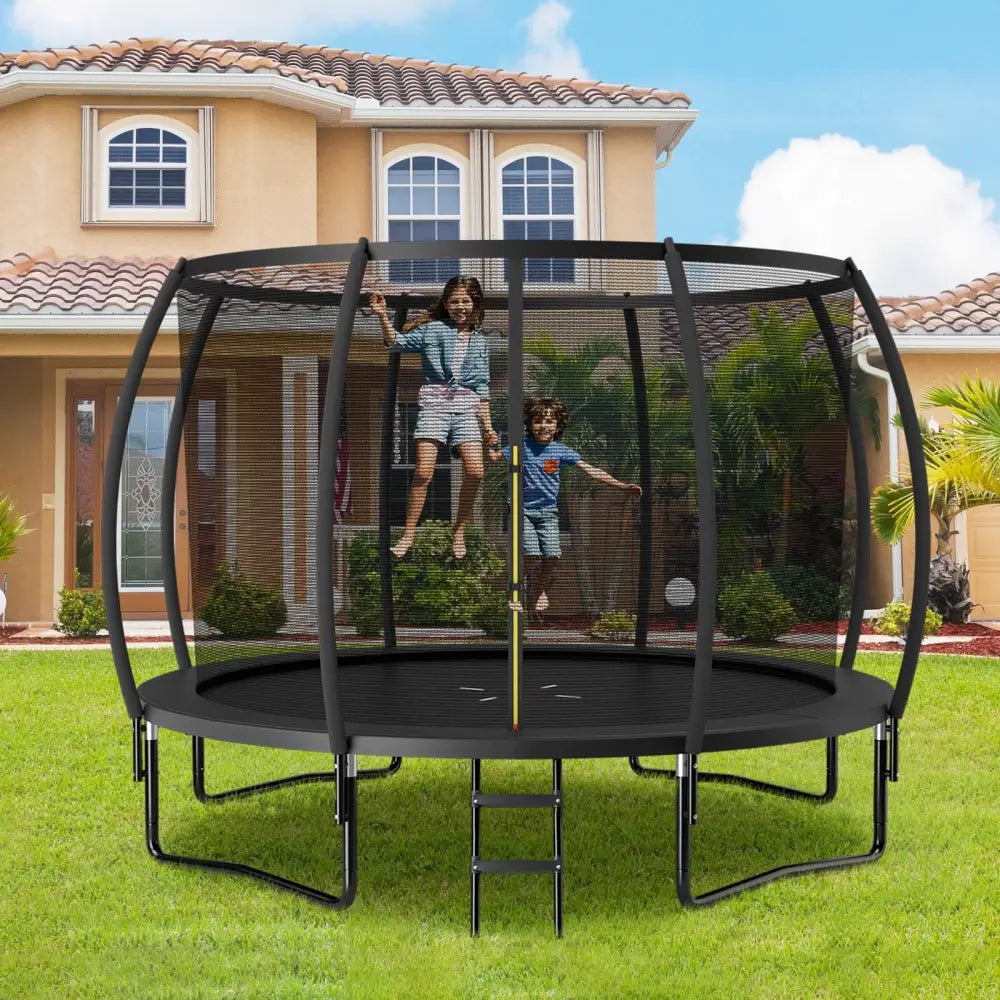 12FT ASTM Approved Recreational Trampoline with Ladder-Black - Black - Trampolines