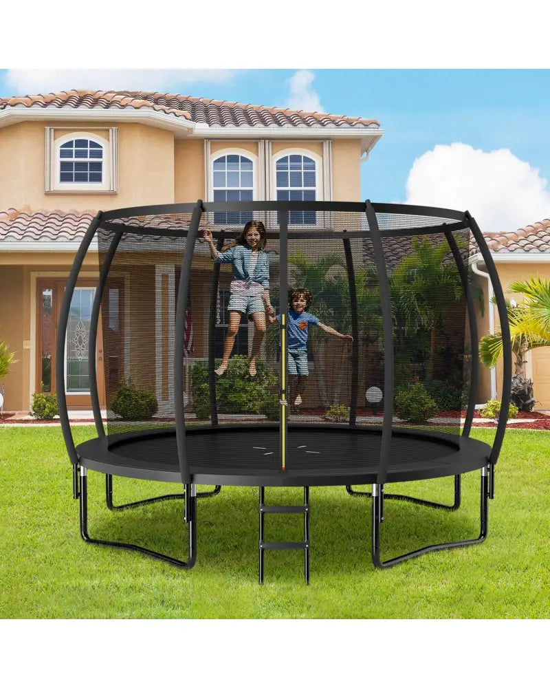 12FT ASTM Approved Recreational Trampoline with Ladder-Black - Black - Trampolines