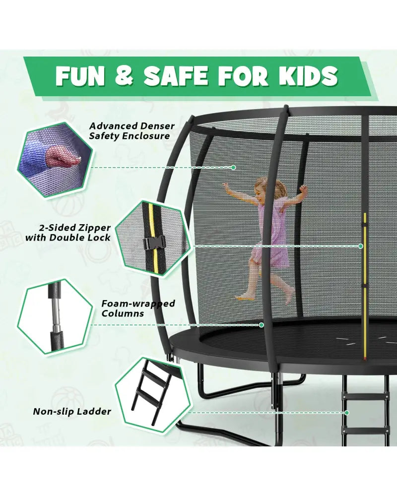 12FT ASTM Approved Recreational Trampoline with Ladder-Black - Black - Trampolines