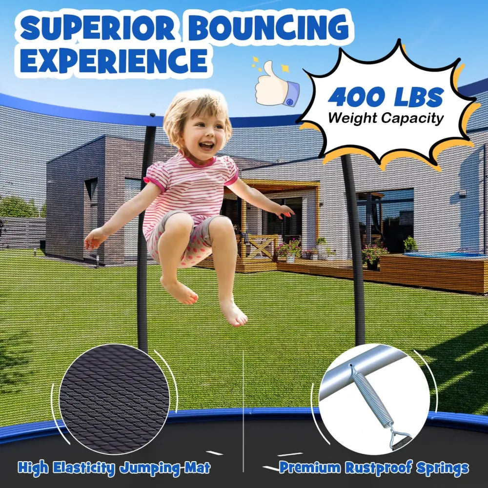 12FT ASTM Approved Recreational Trampoline with Ladder-Blue - Blue - Trampolines
