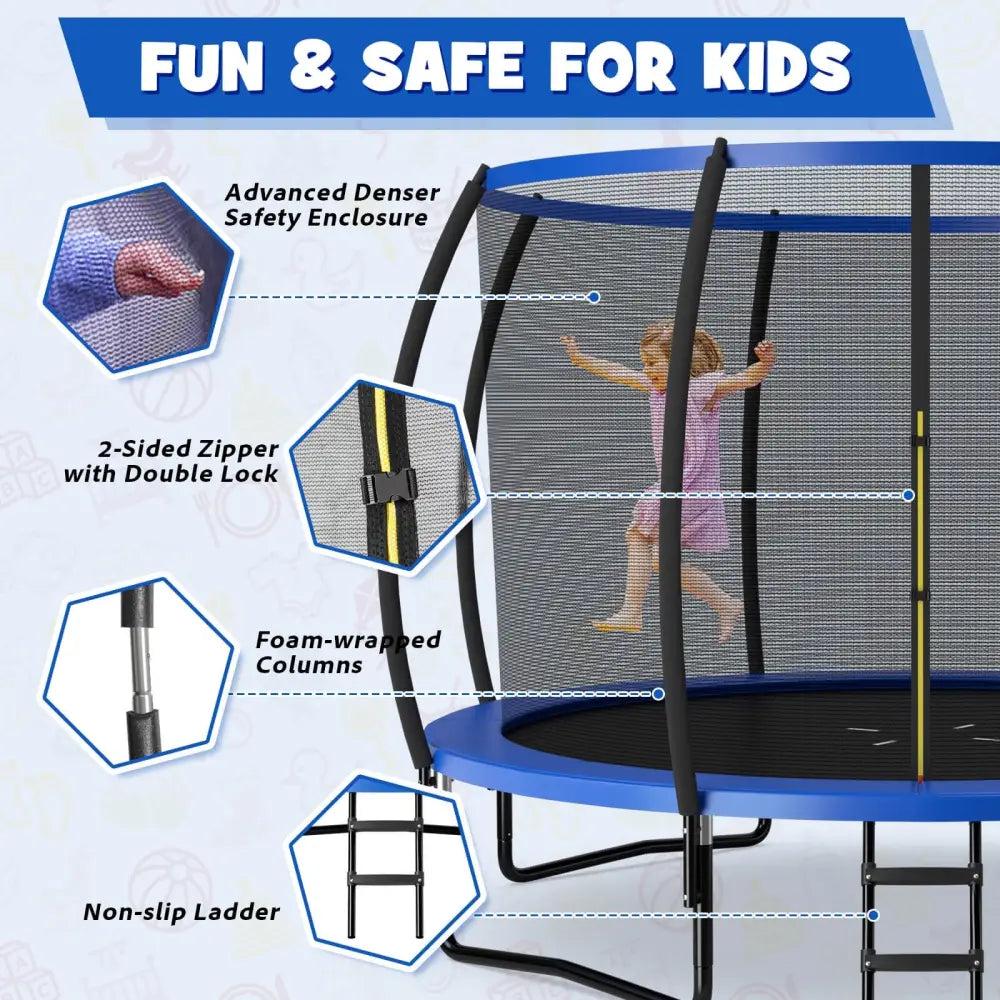 12FT ASTM Approved Recreational Trampoline with Ladder-Blue - Blue - Trampolines