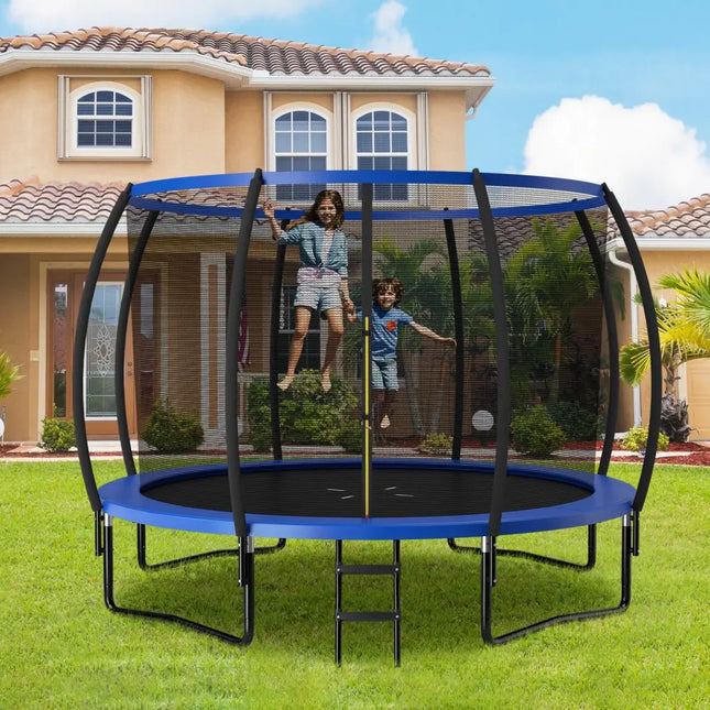 12FT ASTM Approved Recreational Trampoline with Ladder-Blue - Blue - Trampolines