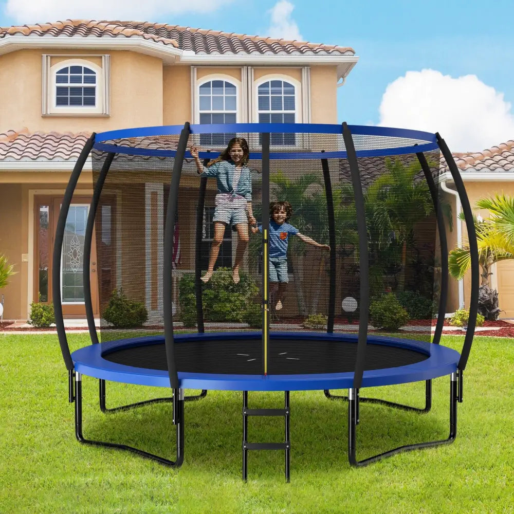 12FT ASTM Approved Recreational Trampoline with Ladder-Blue - Blue - Trampolines