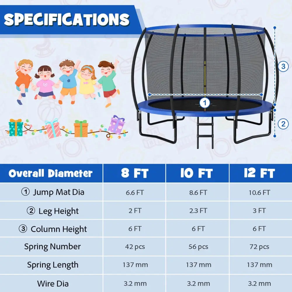 12FT ASTM Approved Recreational Trampoline with Ladder-Blue - Blue - Trampolines