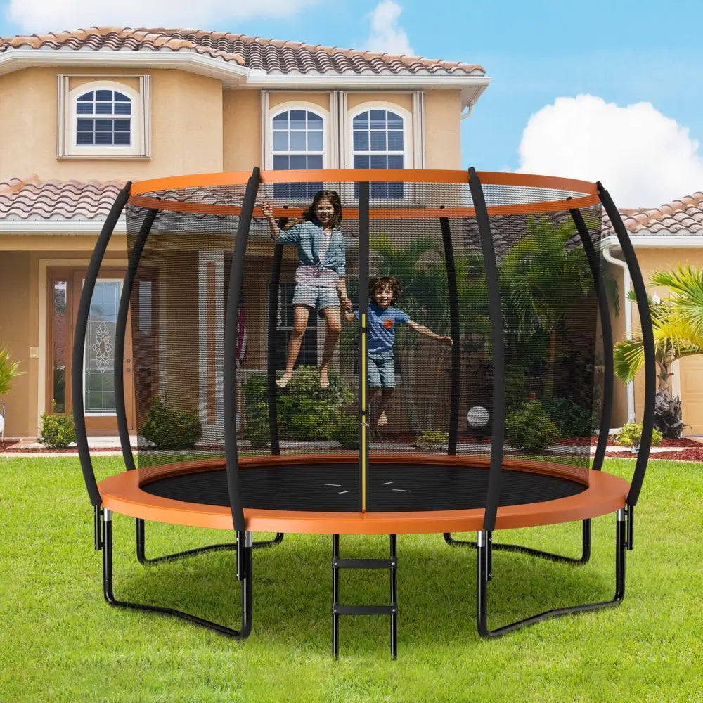 12FT ASTM Approved Recreational Trampoline with Ladder-Orange - Orange - Trampolines