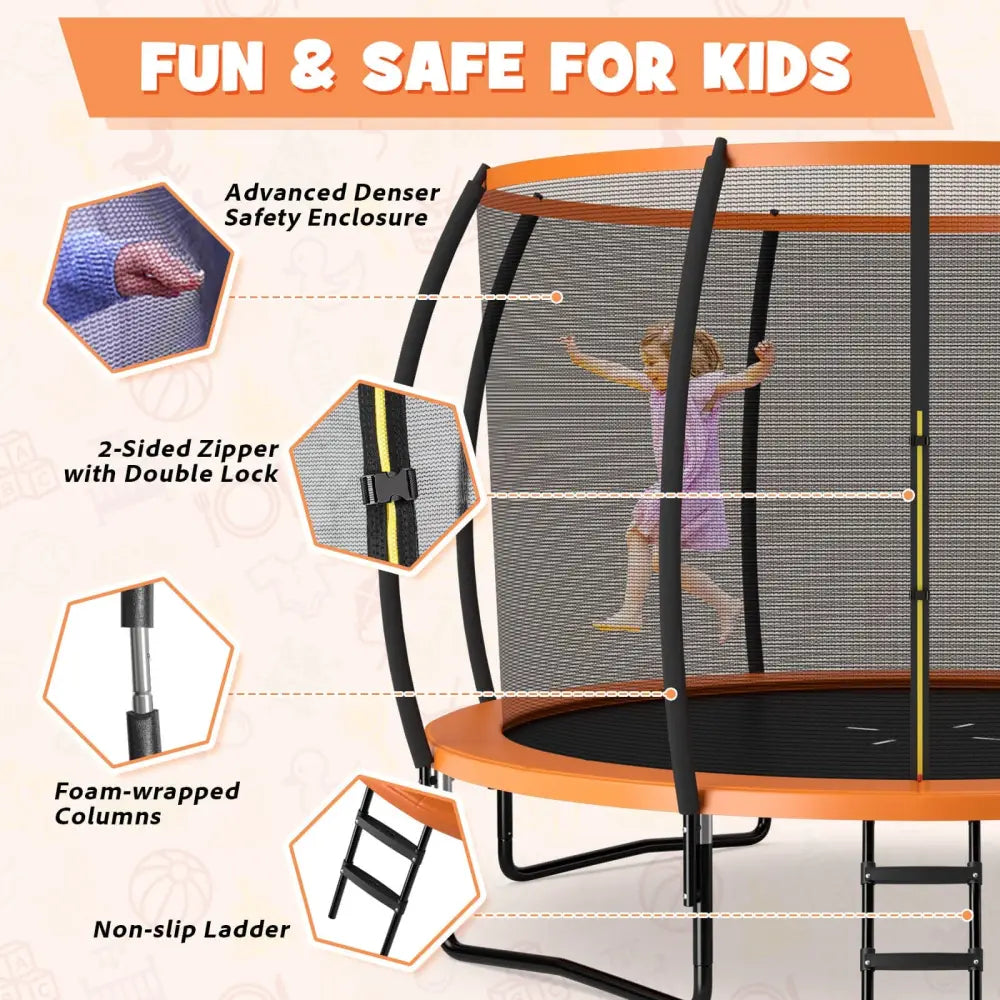 12FT ASTM Approved Recreational Trampoline with Ladder-Orange - Orange - Trampolines