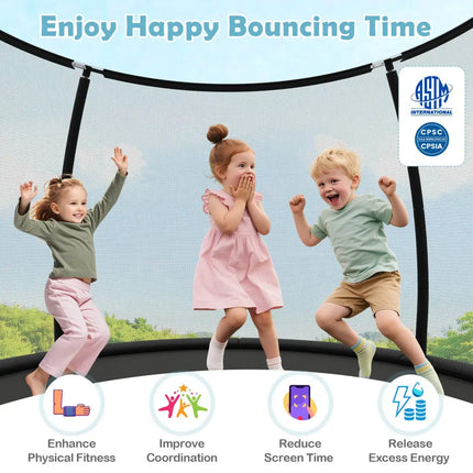 12FT Outdoor Trampoline Heavy-Duty Recreational Trampoline with Safety Enclosure Net-Black - Black - Trampolines