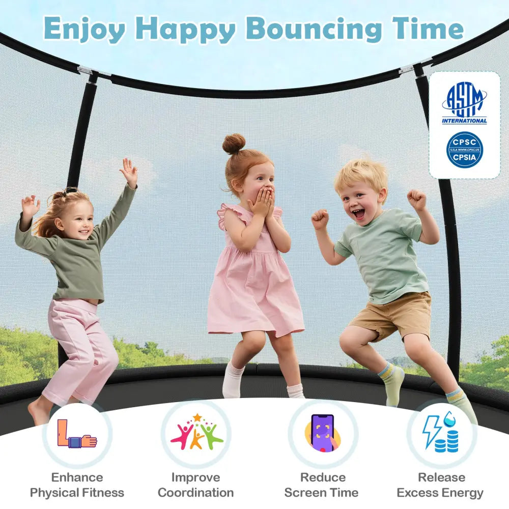 12FT Outdoor Trampoline Heavy-Duty Recreational Trampoline with Safety Enclosure Net-Black - Black - Trampolines
