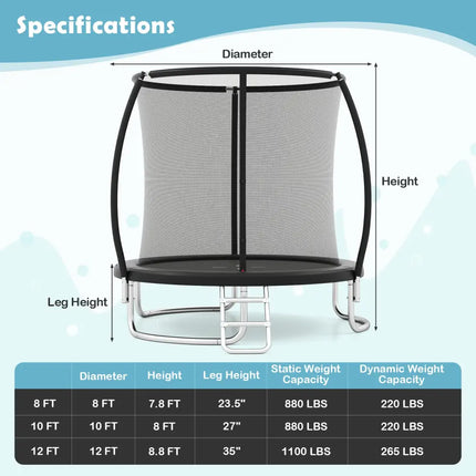 12FT Outdoor Trampoline Heavy-Duty Recreational Trampoline with Safety Enclosure Net-Black - Black - Trampolines