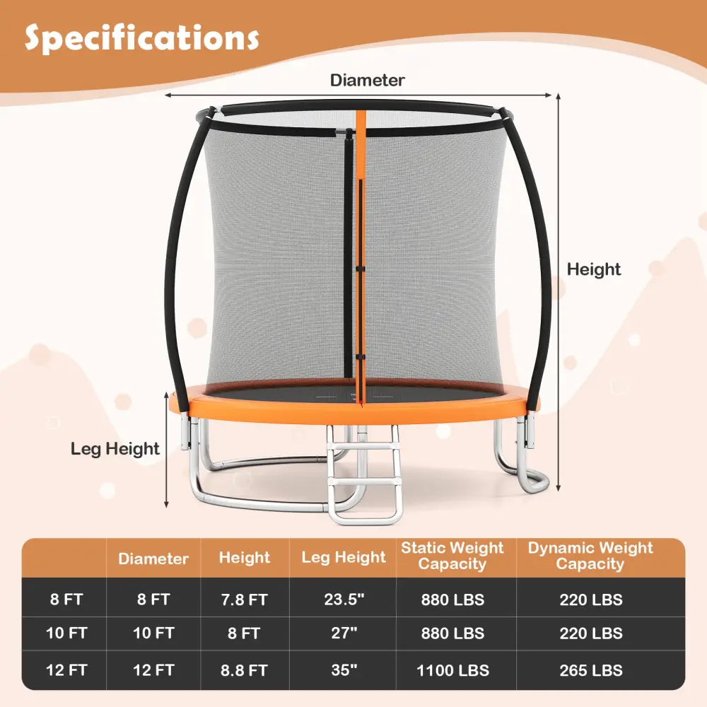 12FT Outdoor Trampoline Heavy-Duty Recreational Trampoline with Safety Enclosure Net-Orange - Orange - Trampolines