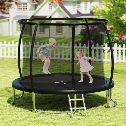 12FT Outdoor Trampoline Heavy-Duty Recreational Trampoline with Safety Enclosure Net-Black - Black - Trampolines