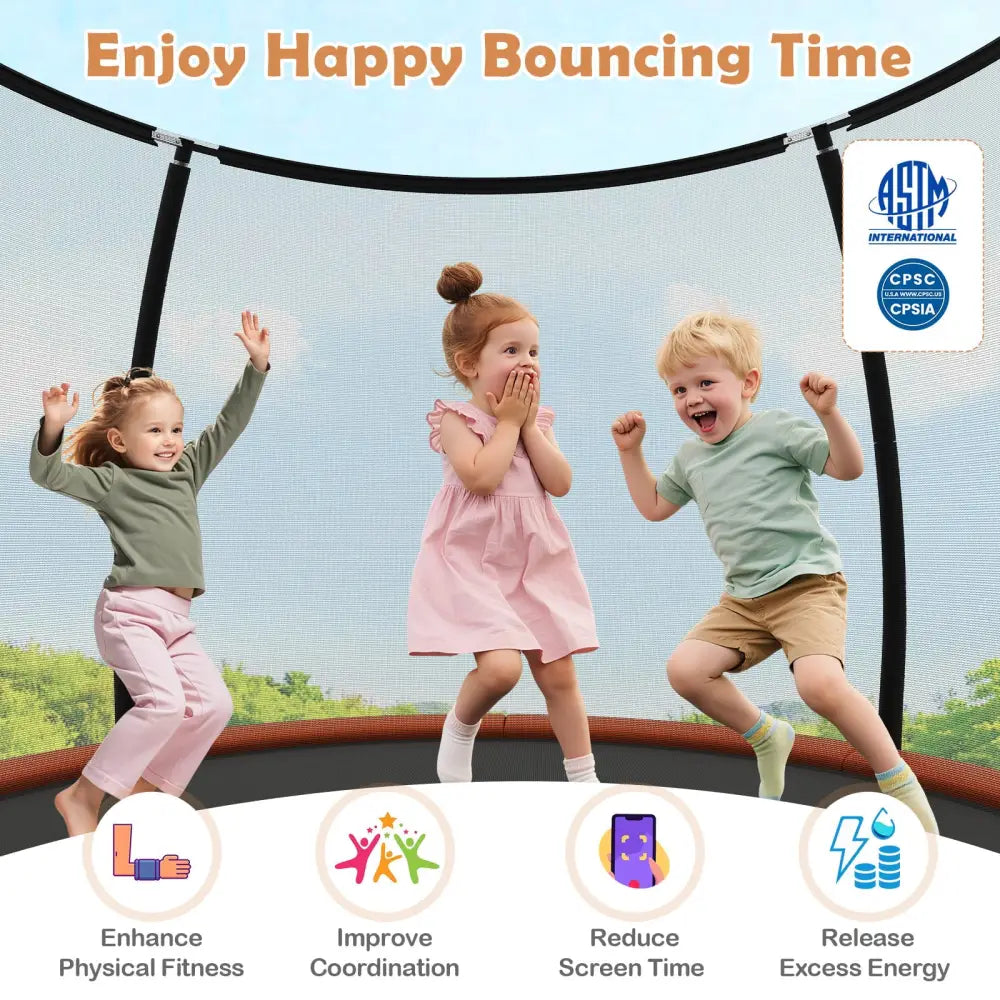 12FT Outdoor Trampoline Heavy-Duty Recreational Trampoline with Safety Enclosure Net-Orange - Orange - Trampolines