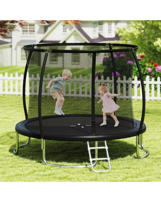 12FT Outdoor Trampoline Heavy-Duty Recreational Trampoline with Safety Enclosure Net-Black - Black - Trampolines