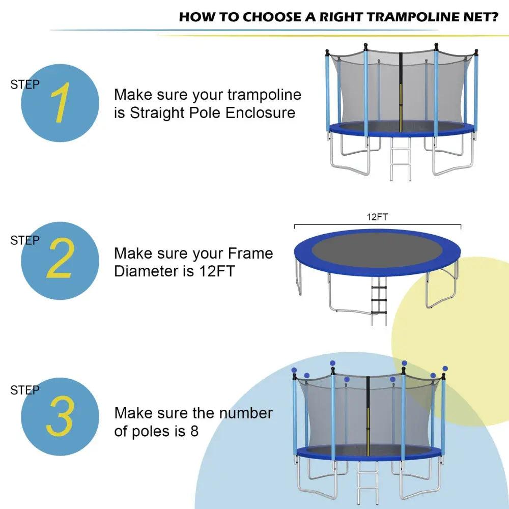 12Ft Replacement Weather-Resistant Trampoline Safety Enclosure Net - Black - Trampoline Accessories