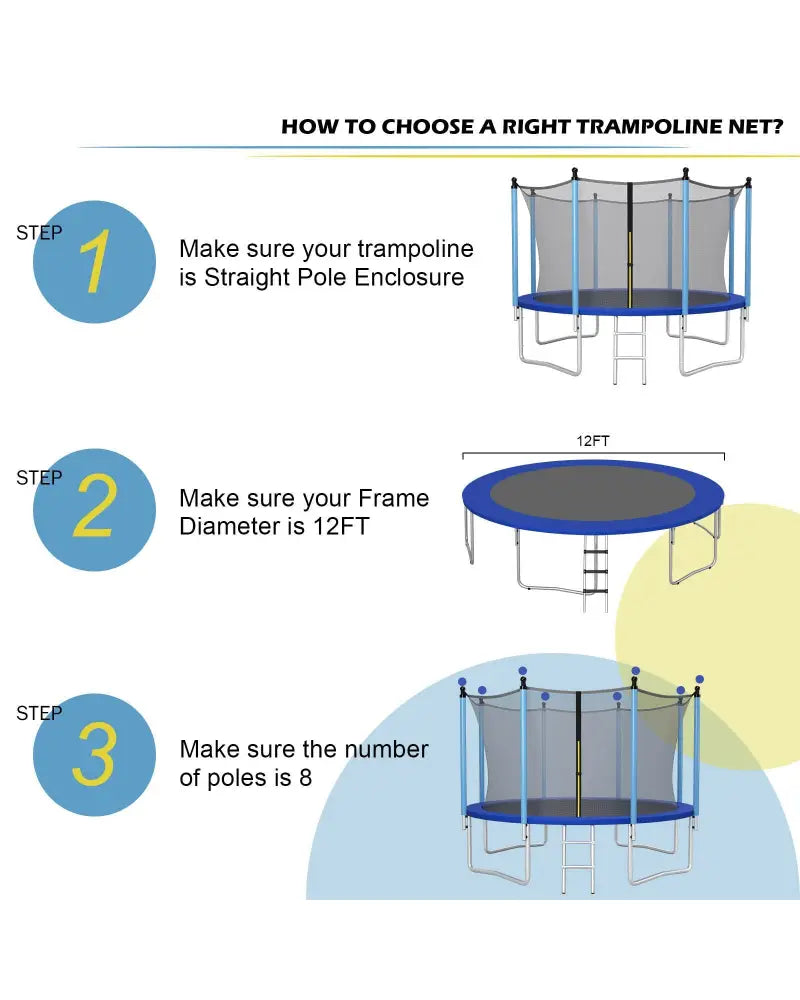 12Ft Replacement Weather-Resistant Trampoline Safety Enclosure Net - Black - Trampoline Accessories
