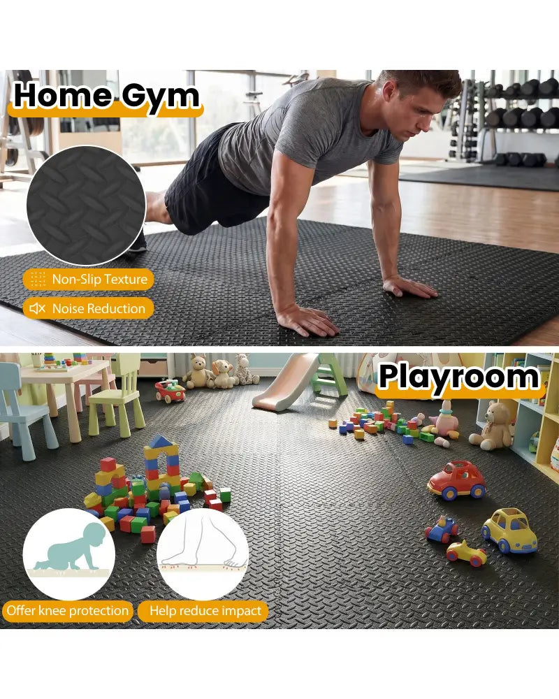 12Tiles 1/2’’ Puzzle Exercise Floor Mats-Black - Black - Yoga Accessories