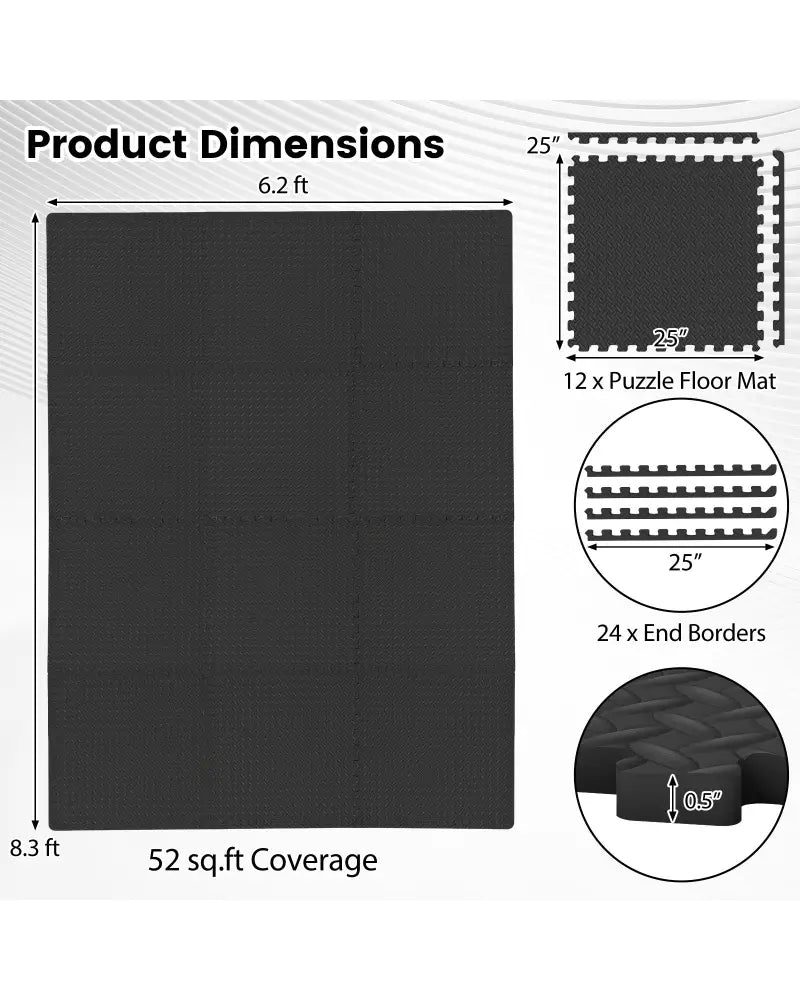 12Tiles 1/2’’ Puzzle Exercise Floor Mats-Black - Black - Yoga Accessories