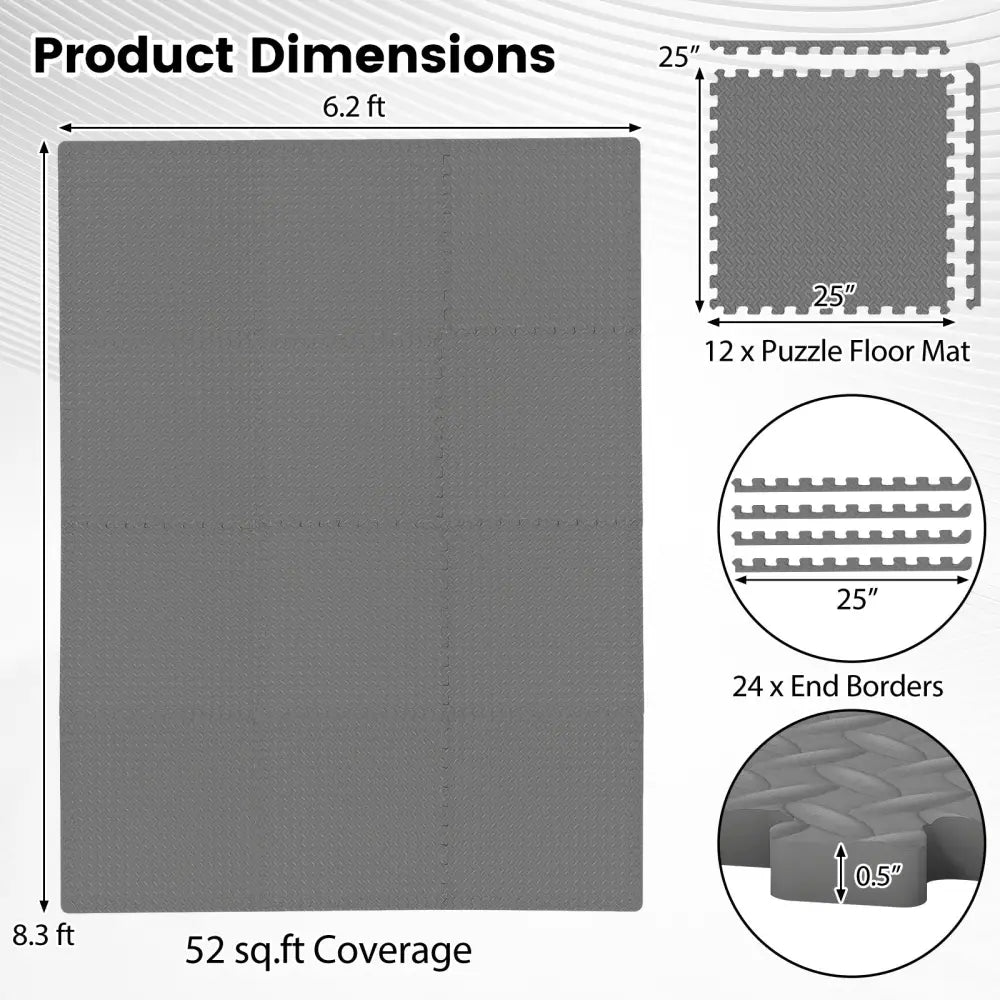 12Tiles 1/2’’ Puzzle Exercise Floor Mats-Gray - Gray - Yoga Accessories