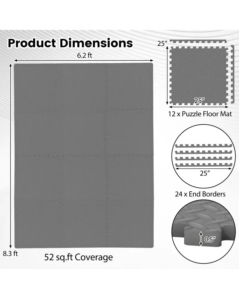 12Tiles 1/2’’ Puzzle Exercise Floor Mats-Gray - Gray - Yoga Accessories