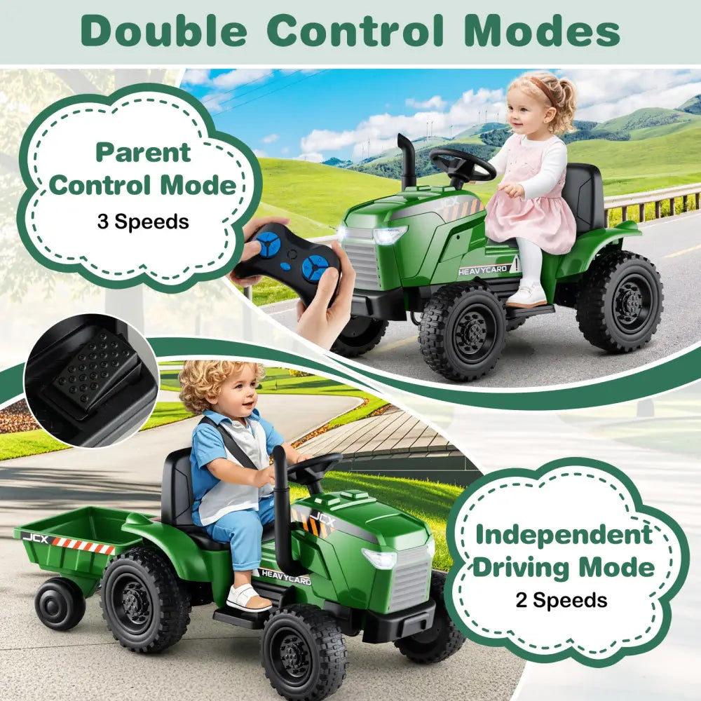 12V 2-in-1 Kids Ride On Tractor with Trailer and 3-Gear Shift-Grayish Green - Gradient Gray - Powered Ride On Toys
