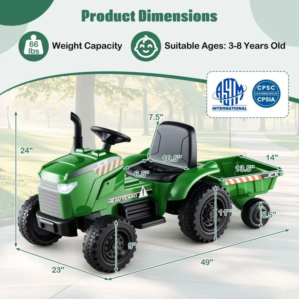 12V 2-in-1 Kids Ride On Tractor with Trailer and 3-Gear Shift-Grayish Green - Gradient Gray - Powered Ride On Toys