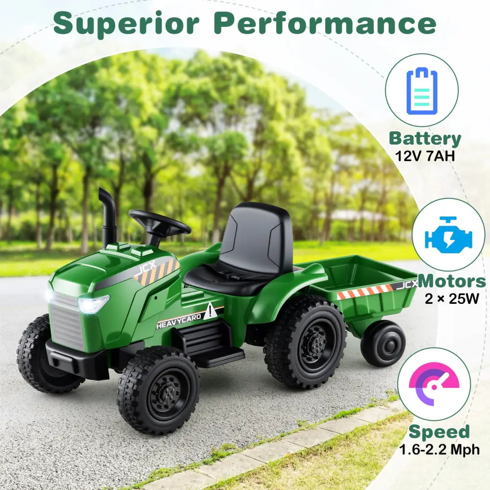 12V 2-in-1 Kids Ride On Tractor with Trailer and 3-Gear Shift-Grayish Green - Gradient Gray - Powered Ride On Toys