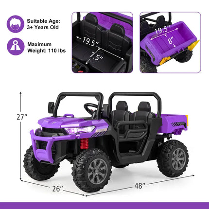 12V 2 - Seater Kids Ride On Dump Truck with Dump Bed and Shovel - Purple - Oasis Home Essentials
