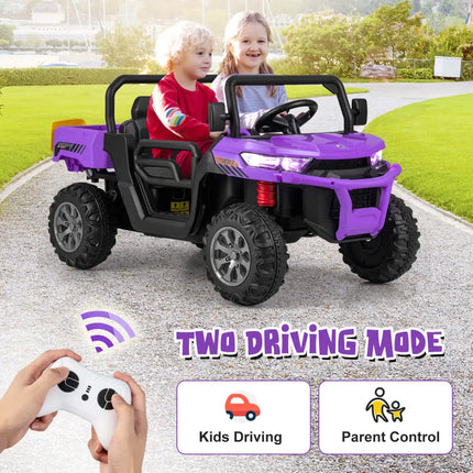 12V 2 - Seater Kids Ride On Dump Truck with Dump Bed and Shovel - Purple - Oasis Home Essentials