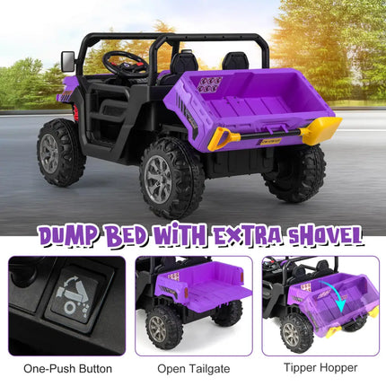 12V 2 - Seater Kids Ride On Dump Truck with Dump Bed and Shovel - Purple - Oasis Home Essentials