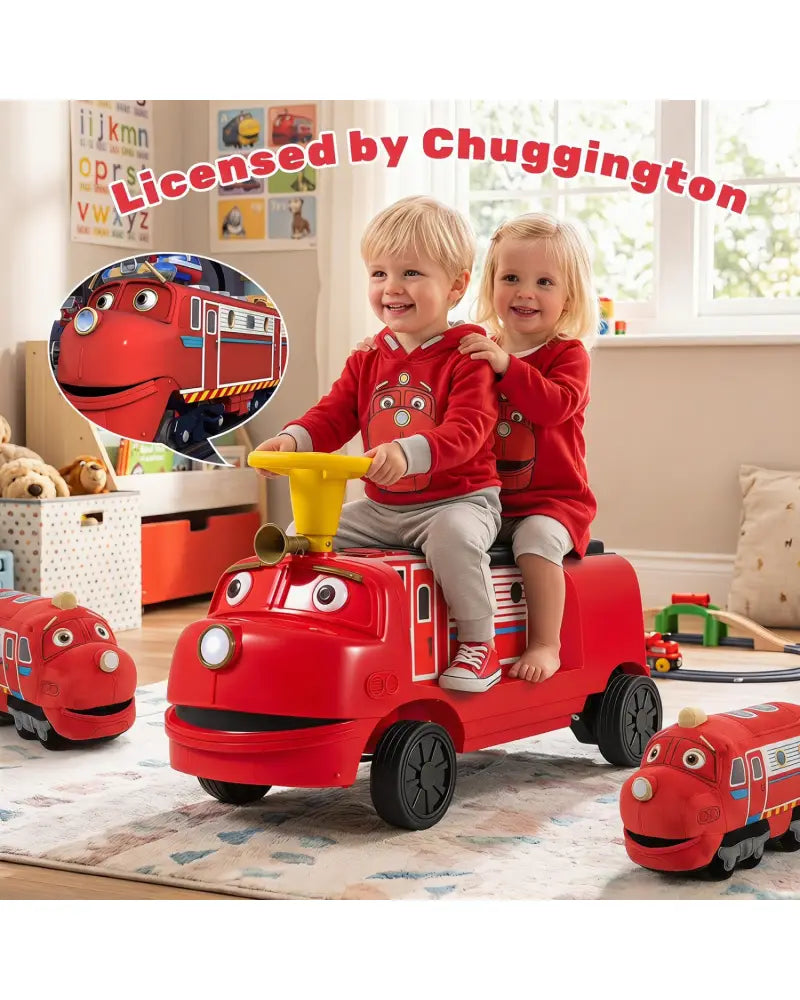 12V 2-Seater Kids Ride on Train with Height Adjustable Seat and Music Licensed Chuggington-Red - Red - Powered Ride